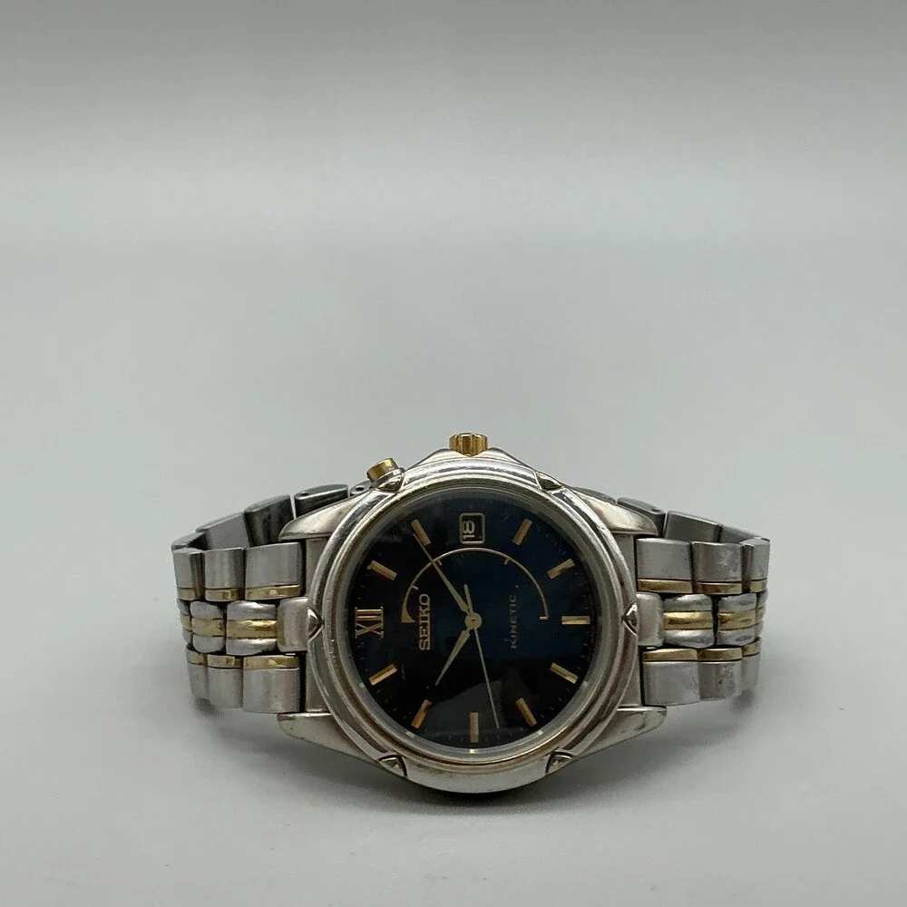 Seiko Kinetic Mens Watch 37mm Black Dial Two Tone Stainless 5M62-0C70 Date 7